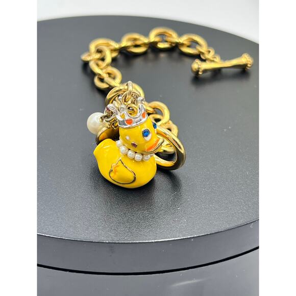 Betsey Johnson Gold Chain Charm Bracelet Yellow Rubber DuckCrown Pearl Designer - Picture 7 of 8